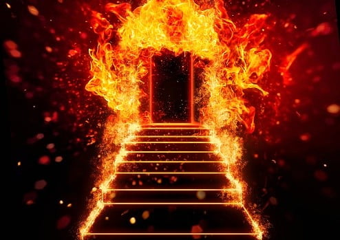 Stairs leading to an abstract door wrapped in flames | Image: Unsplash