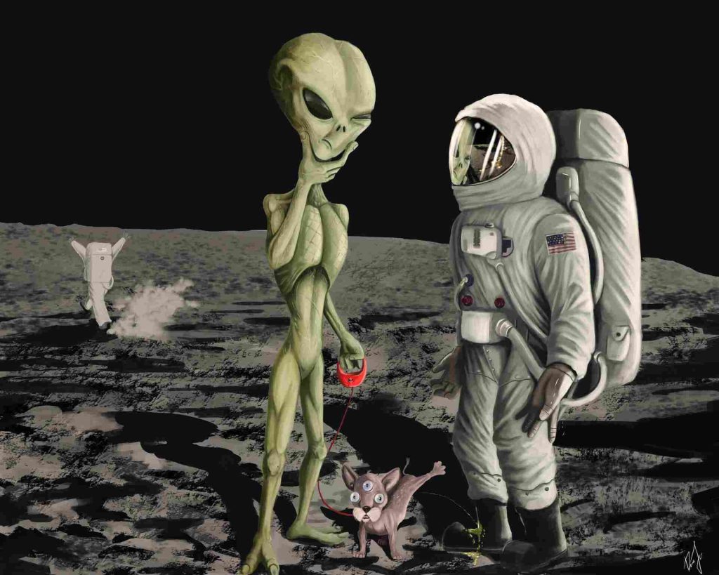 Alien and an astronaut on the moon