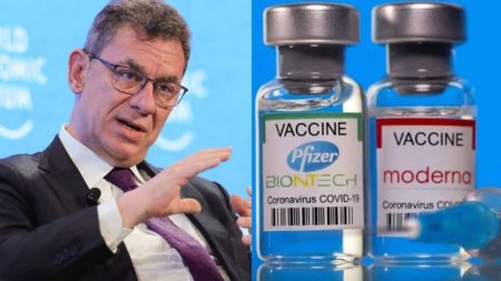 A collage of Albert Bourla and vials of COVID-19 vaccine