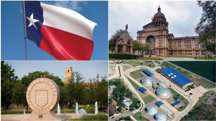 A Collage of the Texas Flag, the Texas State Capitol, Texas Tech University, and a Texas Water Facility
