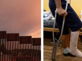 A collage of a section of the US border wall and someone with a cast foot and crutches