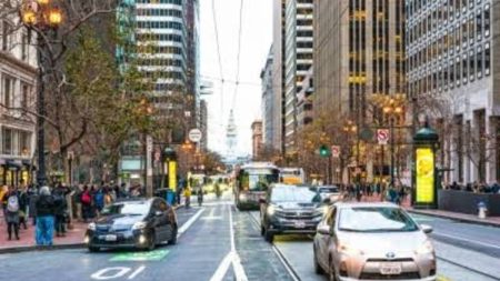 Cars and pedestrians on busy California street