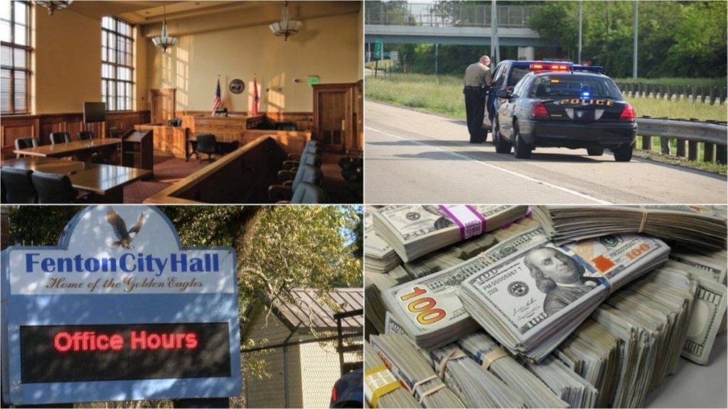 A Collage of a Courthouse, a Traffic Stop, Bundles of Dollar Bills, and the Fenton City Hall Sign Post