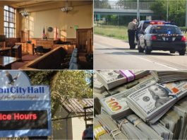 A Collage of a Courthouse, a Traffic Stop, Bundles of Dollar Bills, and the Fenton City Hall Sign Post