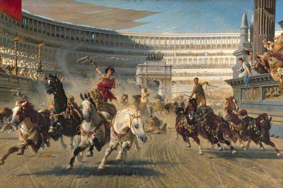 A picture of chariot racers in ancient Rome