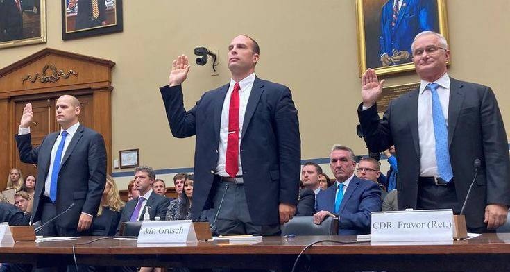 A picture of the whistleblower, David Grusch, at the UFO hearing