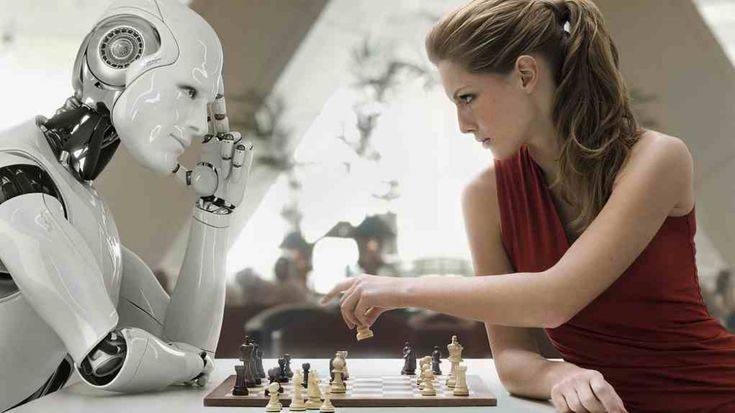 A picture of a human playing chess against a robot