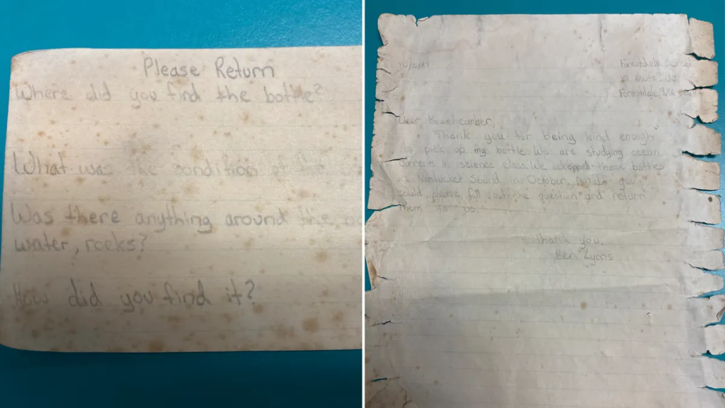 A 1997 handwritten letter discovered in a bottle