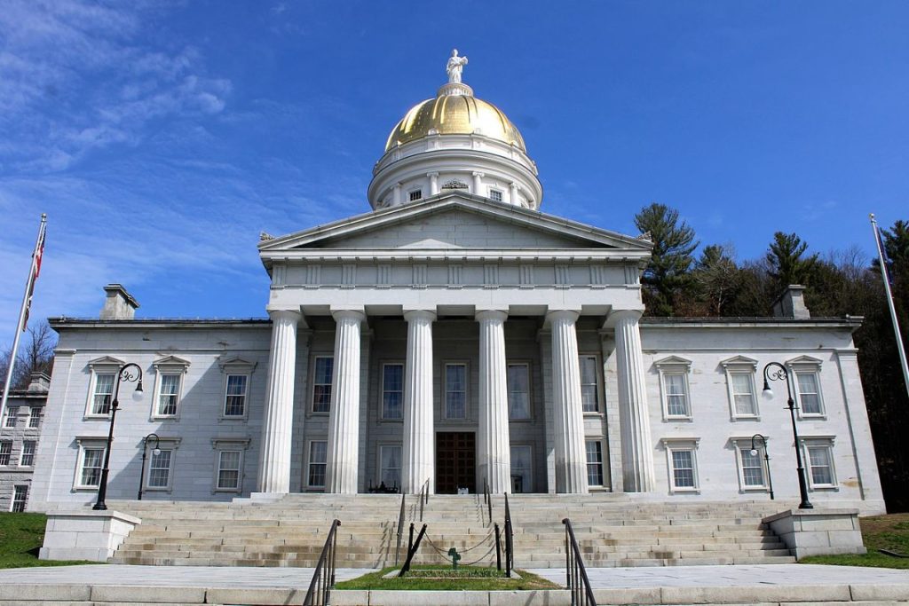 A frontal view of the Vermont State House in Montpelier.