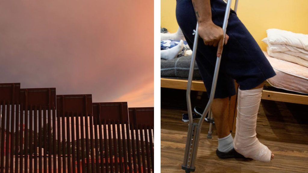 A collage of a section of the US border wall and someone with a cast foot and crutches