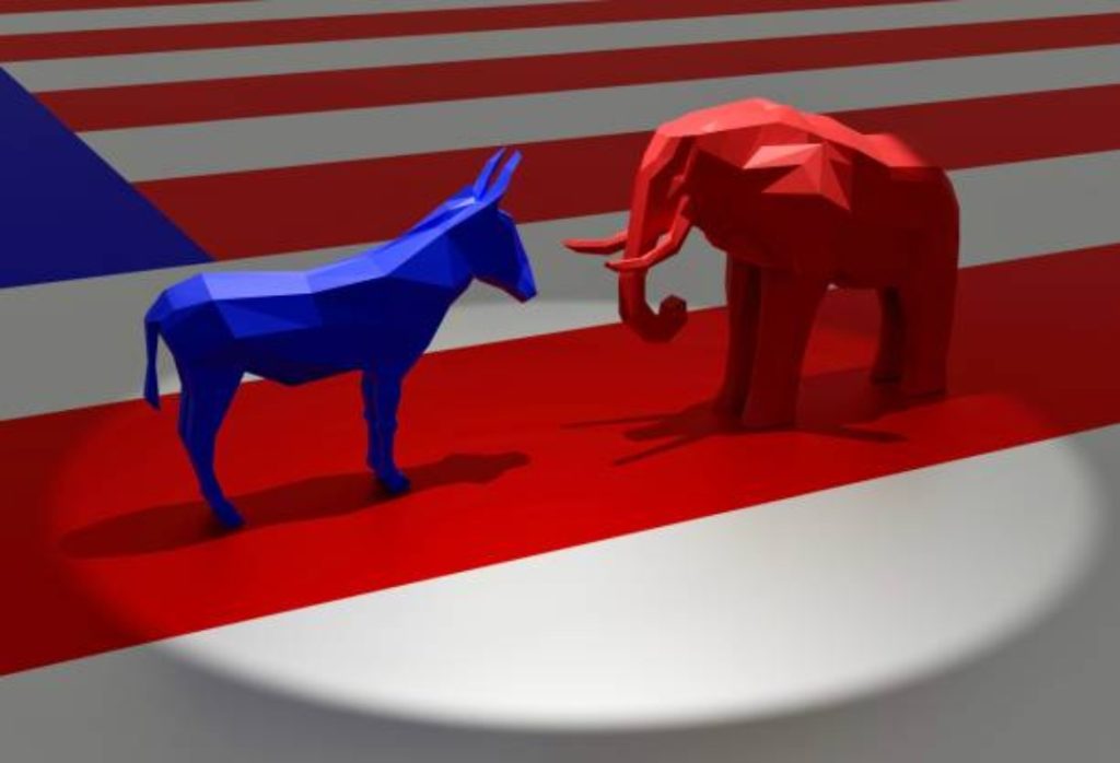 An image of the Democratic Blue Donkey and Republican Red Elephant on the American Flag
