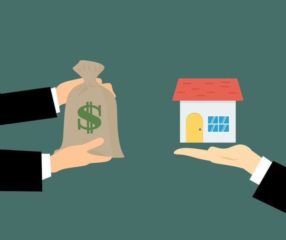 An illustration of hands holding a bag of money and a home