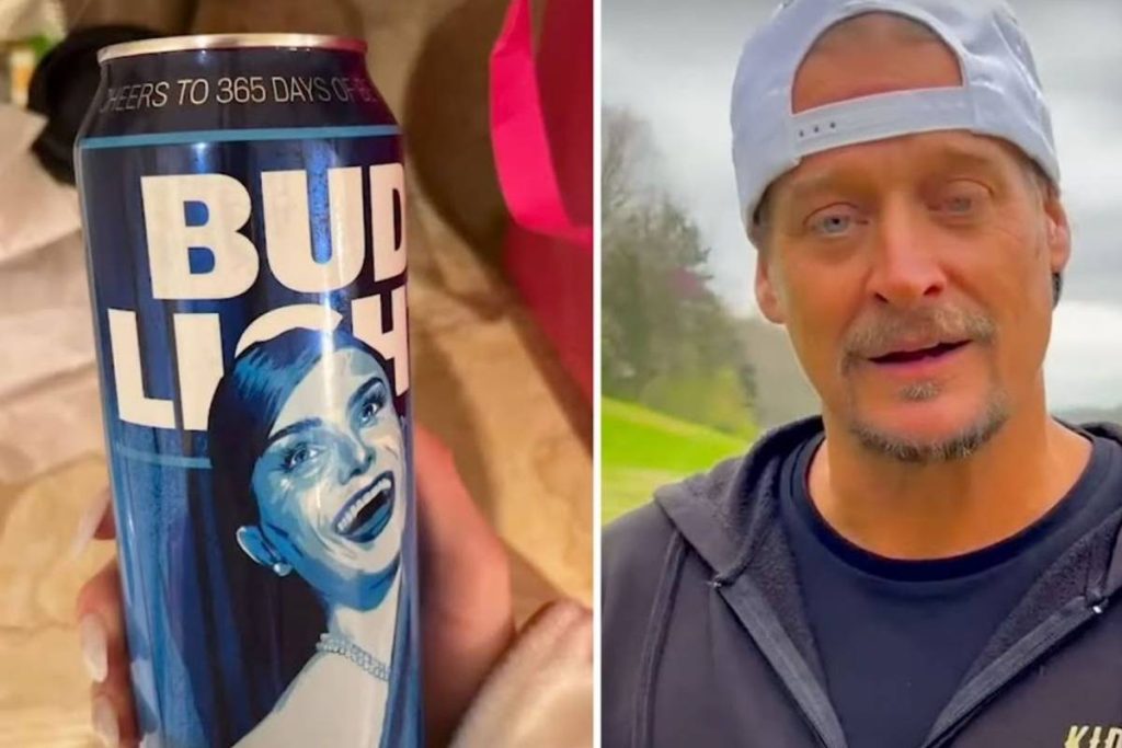 A Bud Light can with Dylan Mulvaney's face on it and Kid Rock