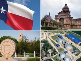 A Collage of the Texas Flag, the Texas State Capitol, Texas Tech University, and a Texas Water Facility