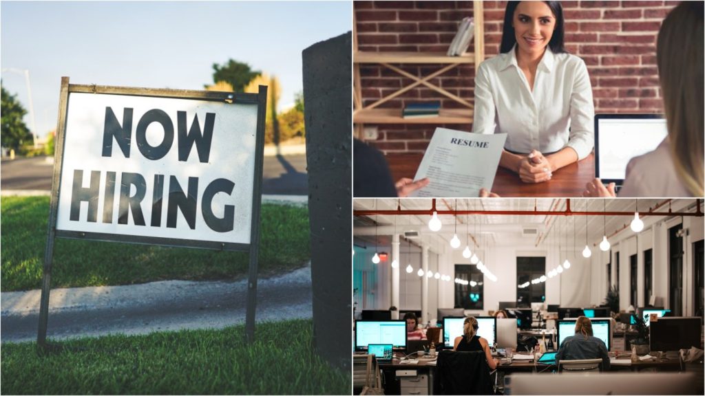 A Collage of a "Now Hiring" Sign, a Job Applicant, and an Office
