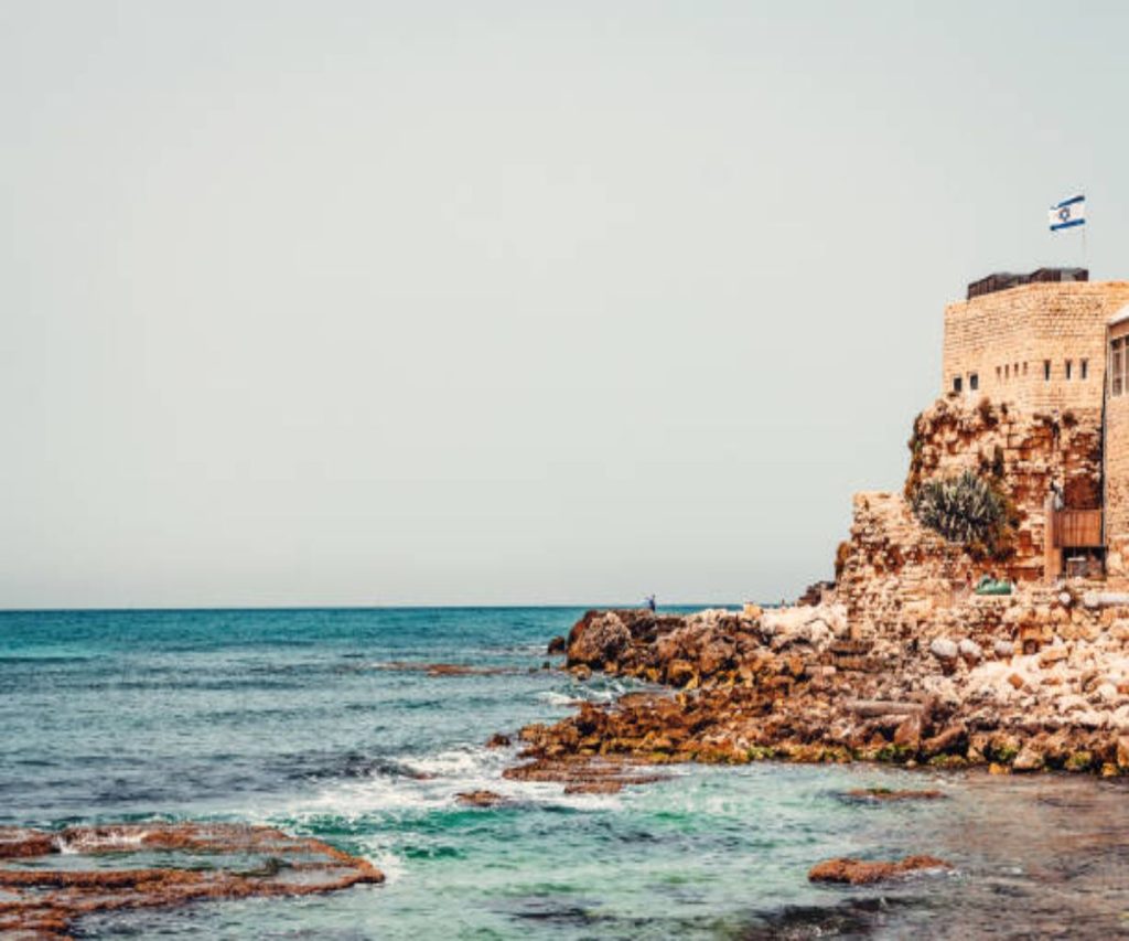 Caesarea ruins against Mediterranean Sea