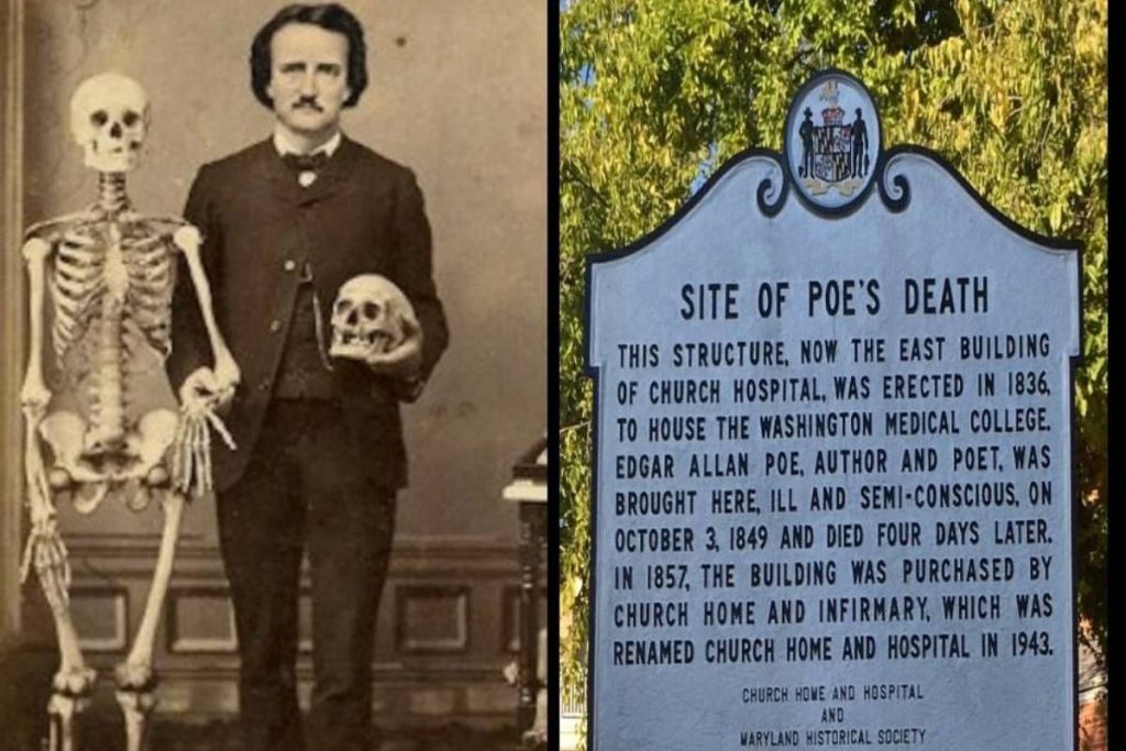 Edgar Allan Poe beside a skeleton