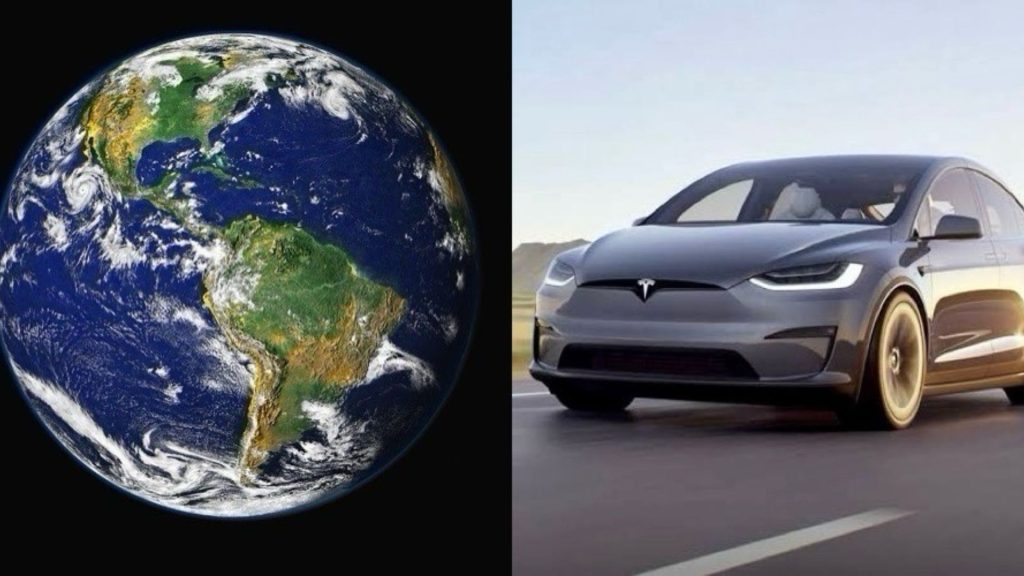 A collage of planet Earth and an electric vehicle