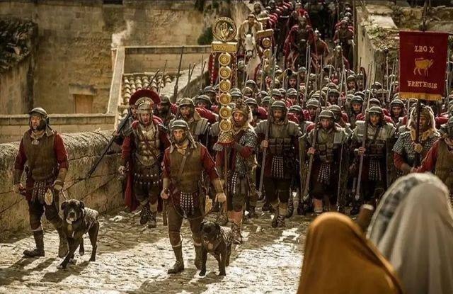 A picture of ancient Roman soldiers with their dogs