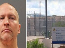 A picture of Derek Chauvin merged with a picture of a U.S. Federal prison.