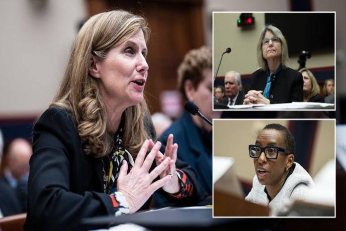 A picture of the Ivy League presidents, Sally Kornbluth. Elizabeth Magill, and Claudine Gay at the hearing.