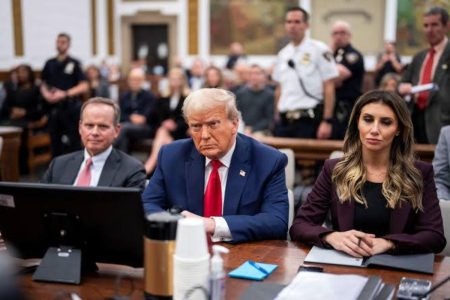 A picture of former President Donald Trump during a hearing