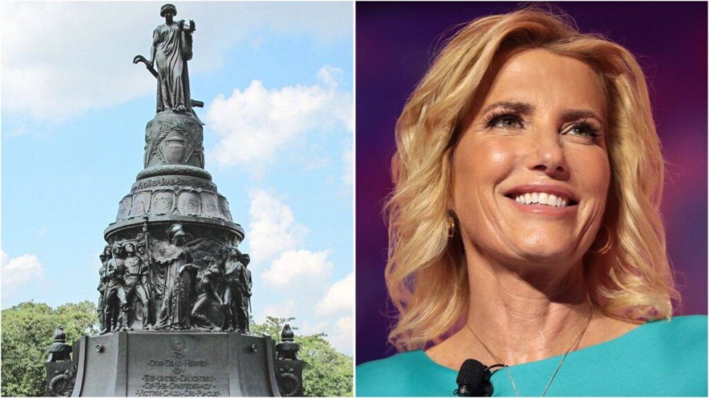 A Collage of the Reconciliation Monument and Fox News Host Laura Ingraham