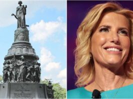 A Collage of the Reconciliation Monument and Fox News Host Laura Ingraham