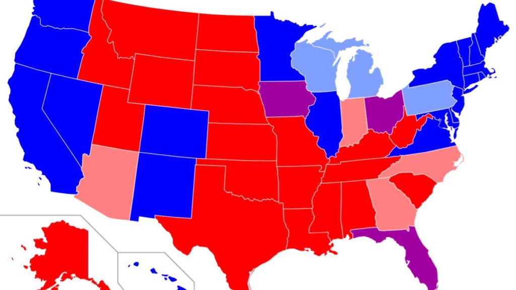 Map of red states and blue states in the US