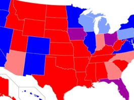 Map of red states and blue states in the US