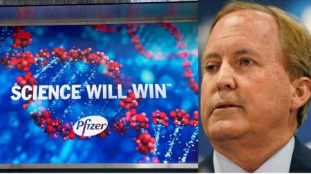 A mugshot of Ken Paxton beside a Pfizer logo inset