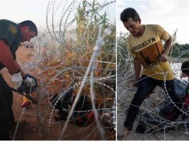A Collage of a Border Patrol Agent Cutting Through Texas Razor Wire and an Illegal Immigrant Crossing into the United States