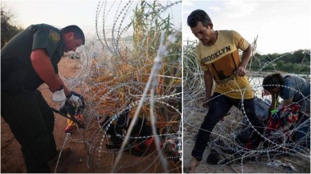 A Collage of a Border Patrol Agent Cutting Through Texas Razor Wire and an Illegal Immigrant Crossing into the United States