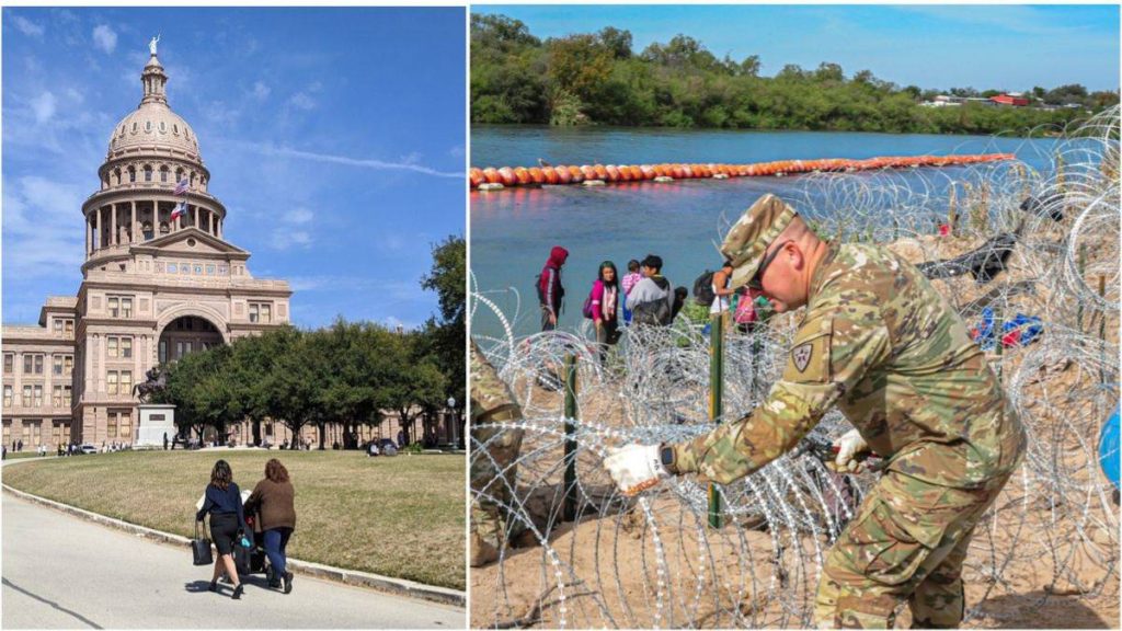 A Collage of the Texas Senate Building and Border Security Personnel