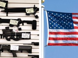 A collage of assault rifles and a hoisted American flag