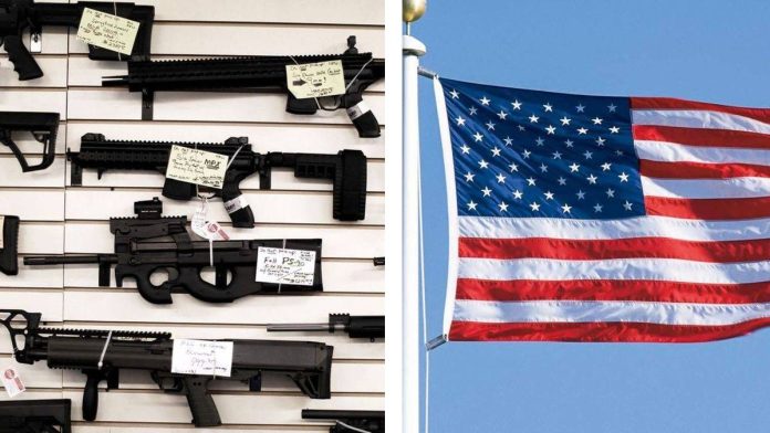 A collage of assault rifles and a hoisted American flag