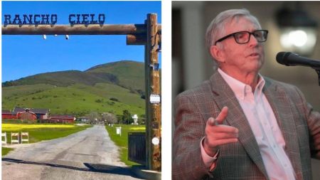 A collage of the ranch's entrance and Judge Philips making a speech at an event