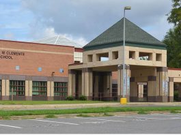 Parking lot and entrance of Roberto Clemente Middle School