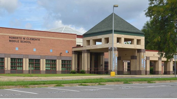 Parking lot and entrance of Roberto Clemente Middle School