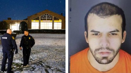 A collage of police officers standing in front of Temple Israel and a mugshot of the suspect, Mufid Fawaz Alkhader.