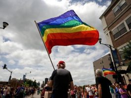 A crowd of LGBTQ+ protesters