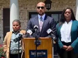 Adrienne Murry, Carlos Moore, and Nakala Murry at a press briefing