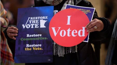 A demonstrator holding stickers in support of the Restore the Vote bill