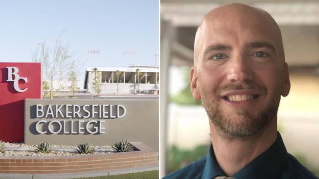 Mugshot of Professor Garrett and university signage