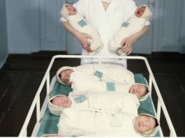 A matron attending babies in a maternity ward