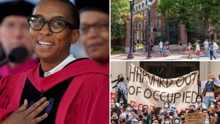 Mugshot of Claudine Gay, and Harvard protests in set