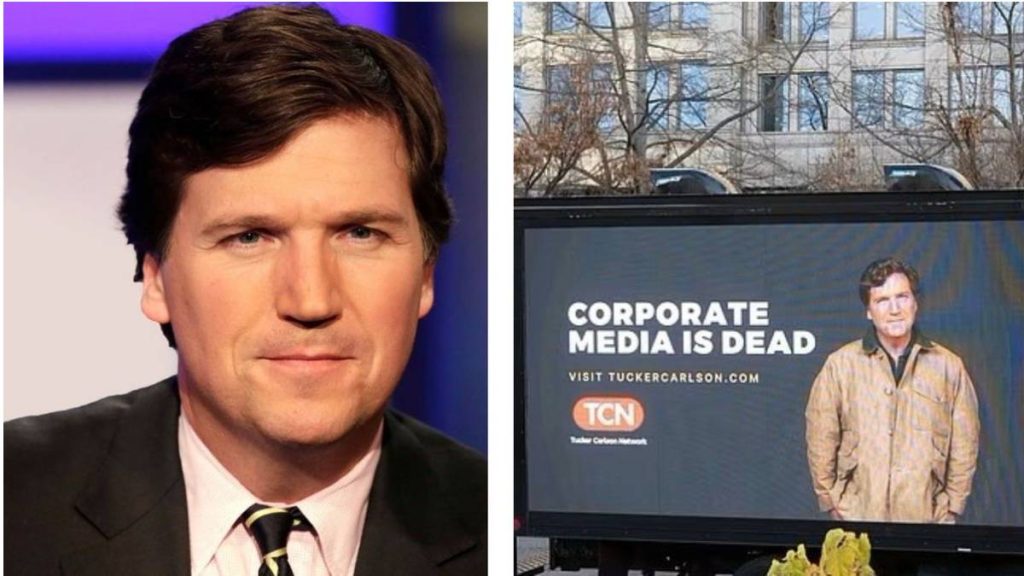 Tucker Carlson and one of his ad trucks.