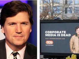 Tucker Carlson and one of his ad trucks.