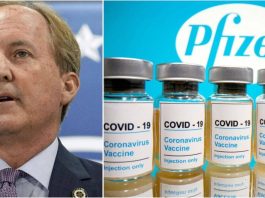 A Collage of Pfizer Covid Vaccines and Texas Attorney General, Ken Paxton