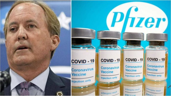 A Collage of Pfizer Covid Vaccines and Texas Attorney General, Ken Paxton